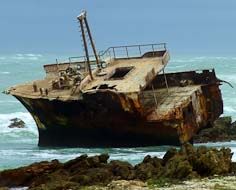 Shipwreck of the Meisho Maru, a fishing trawler that ran aground in 1982 in the treacherous seas near Cape Agulhas.